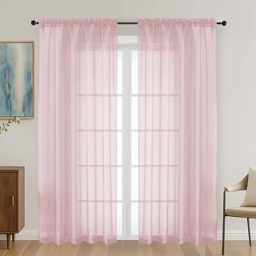 Image of OVZME Blush Pink Sheer Curtains 72 Inches Long 2 Panels Set, Light Filtering Sheer Curtains for Living Room Bedroom 59 Inch Extra Wide, Modern Voile Filmy Rod Pocket Window Drapes, 59Wx72L Inches