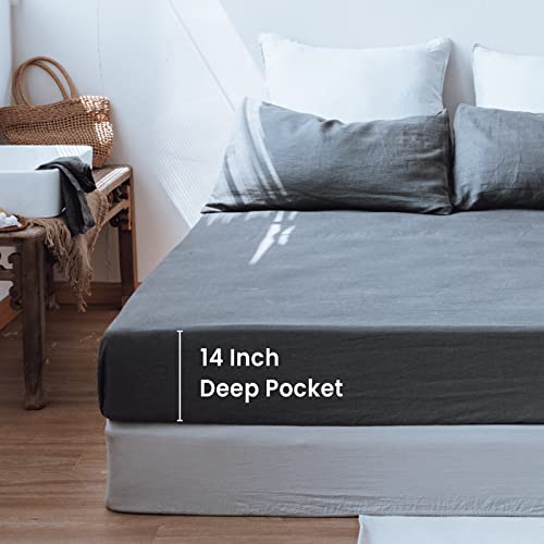 King Linens 100% Linen Fitted Sheet Stone Washed Solid Color - (1 Piece) 14 Inch Deep Pocket Mattress Cover Soft Natural Breathable Farmhouse - Dark Grey, King Size #TOP3