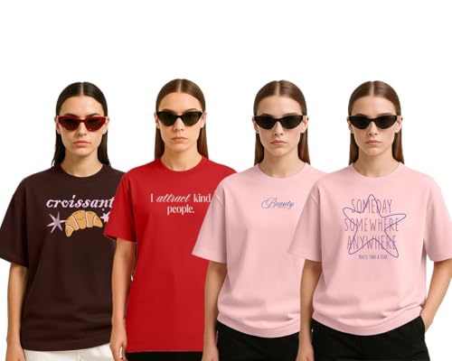 Image of Cotton Blend Oversized Baggy Fit Half Sleeve Printed Round Neck Multicolor Drop Shoulder T-Shirt for Womens & Girls (Pack of 4)
