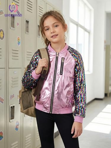Image of WELAKEN Girls Sequin Sparkle Zip Bomber Jacket | Sequin sleeves, shiny bomber style, ribbed trim, smooth zipper and side pockets for party, dance, school and photos