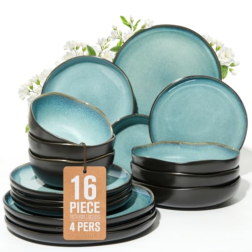 Image of Plates and Bowls Sets, 16 Pieces Dinnerware Set for 4 with Pasta Bowls, Handmade Dishes Set, Chip Resistant Dishware Sets, Microwave Safe Dinner Set, Designed for Interactive Meals, Green Black