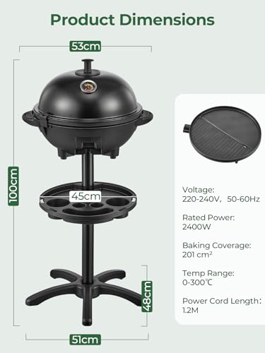 FOHERE 2400W Elektrischer Elektrogrill 2in1 Tischgrill - Standgrill mit Thermostat, Grillplatte mit keramischer Beschichtung, Innen- & Außennutzung, Balkon & Küche, Grillfläche Ø 41 cm, Schwarz