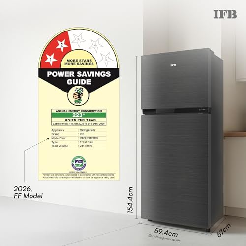 Image of IFB 241L 2 Star 10-in-1 Convertible, Advanced Inverter Frost-Free Double Door Refrigerator with 30 Hrs Cooling Retention, Turbo Freeze & 4 Year Super Warranty (2026, IFBFF-291BYOSET, Onyx Grey)