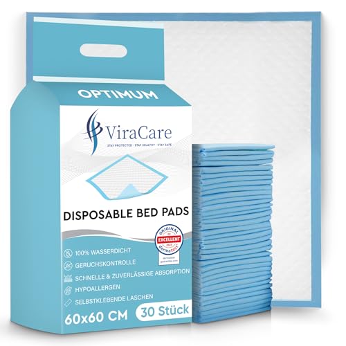 VIRACARE Krankenunterlagen 60x60 cm Saugstarke Inkontinenzunterlagen Einweg Mehrschichtkern wasserdichte PE-Rückseite Bettschutz Wickelunterlage & Welpenunterlage 30 Stück
