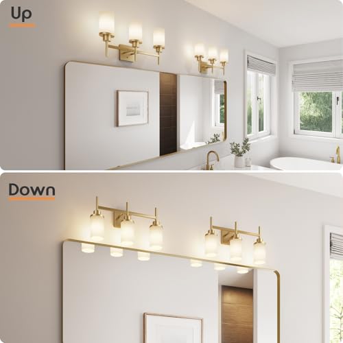 Image of Bathrom Light Fixtures Modern Gold 3 Vanity Lights Over Mirror, Wall Lamps with White Frosted Glass Shade for Toilet Washroom Bath T001GD-L3