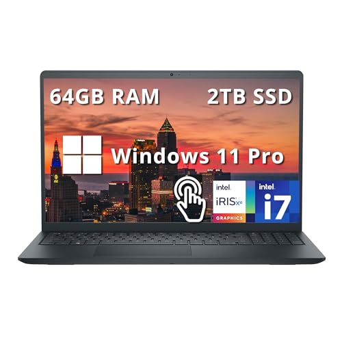 Image of Dell Inspiron 15.6 inch FHD Touchscreen Laptop, Intel Core i7 1255U, 64GB RAM, 2TB PCIe SSD, Intel Iris Xe Graphics, Copilot AI, Numeric Keypad, HD Webcam, Wi-Fi, Windows 11 Pro, Black