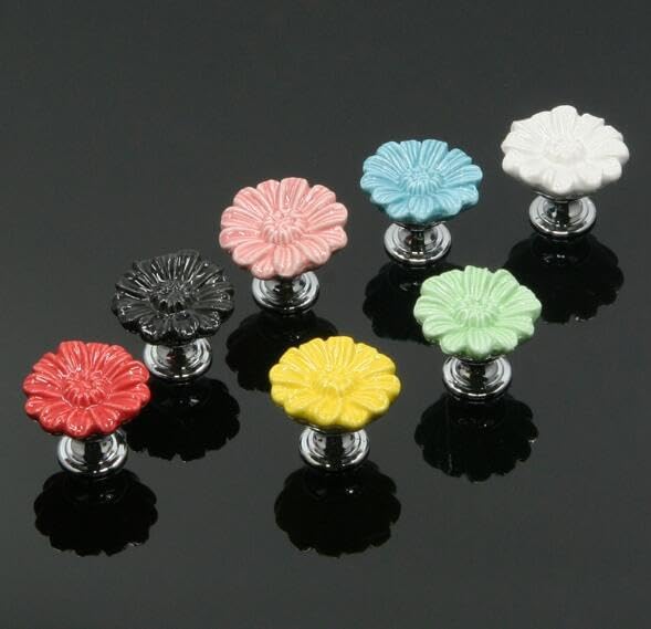 Chrysanthemum Ceramic Handles Drawer Knobs Cupboard Door Handles Kids Room Cabinet Handles with screws Furniture Handles YH1667 - (Color: mix colors)