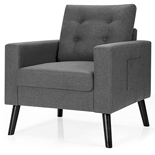 Giantex Modern Accent Fabric Chair, Mid-Century Upholstered Armchair Single Sofa with Rubber Wood Legs, Linen Fabric Single Sofa for Living Room Bedroom Office
