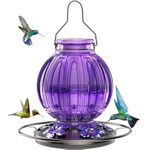 Glass Hummingbird Feeder for Outdoors Hanging, Bird Nectar Feeder with Perch & 5 Flower Feeding Ports, 25 Oz Leak Proof for Outside Garden Decor Backyard, Gifts for Women Mom, Purple