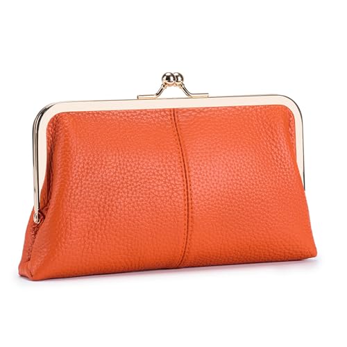 Image of TIMIFUN Vintage Kiss Lock Wallet for Women, Genuine Leather Multi-Card Slots Card Holder, Solid Color PU Clasp Clutch, Exquisite Elegant Purse for Credit Card Cash and Coin for Travel (Orange)