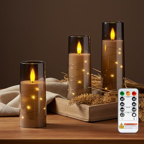 Image of Raycare Flameless Candle with Remote Timer, 3 Flickering Acrylic Battery Operated LED Pillar Candles with Embedded Star String for Christmas, Home Decor, and as a Gift(Grey)