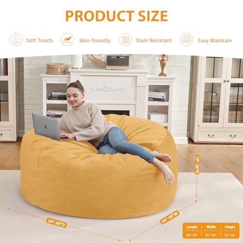 3FT Bean Bag Chair, Comfy Bean Bag Chairs with Memory Foam Filled, Fluffy Beanbag Sofa with Dutch Velvet Cover, Round BeanBag Chairs for Living Room, Playroom - Mustard