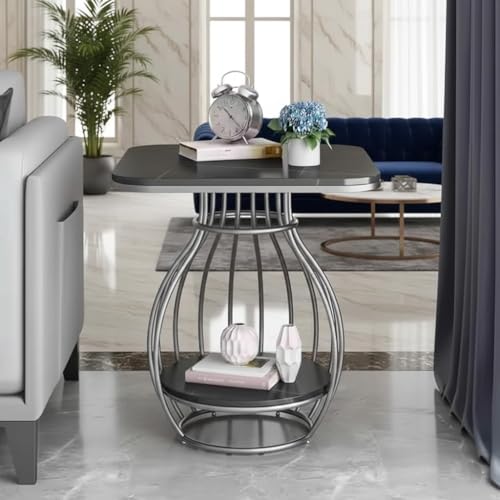 Image of Modern Side Table Corners Living Room Square Table Double Tier Sofa Side Table,Round Base Coffee Table,Portable Bedroom Nightstands Small Space (Gry Black)