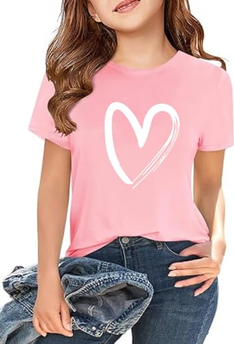 APWEQATA Girls Summer Tshirts Short Sleeve Heart Graphic Print Tees Kids Casual Crewneck Basic Tee 5-14 Years (Pink Xin 160)