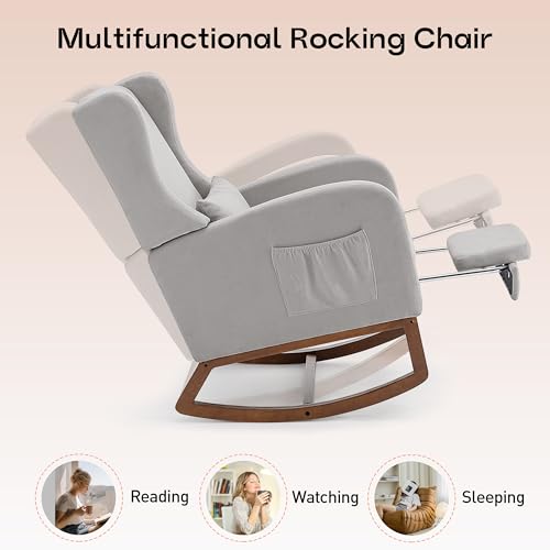 AYEASY Rocking Chair Nursery Glider Chair with Foot Rest, Nursery Rocking Chairs with Rubber Wood Legs Side Pocket, High Back Nursing Chair, Accent Rocker Arm Chair Baby Bedroom, Living Room, Grey - Thumbnail 4