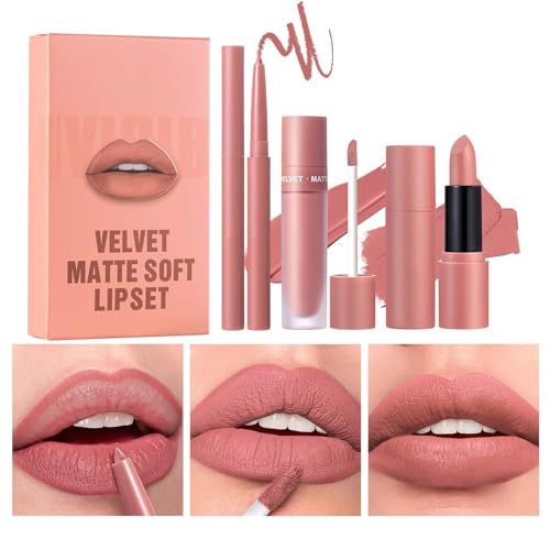 Matte Lippenstift Set, 3 Stück Lipstick Set mit Lippenstift, Lipgloss und Lip Liner, All In One Lipstick Kit, Langanhaltender, Matte Samtlippenglasur, Wasserdicht, Non-Stick Cup, Hochpigmentierter