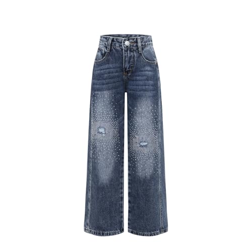 Girls' Ripped Jeans Hot Stamping Mid Waist Denim Loose Wide Leg Fashionable Jeans 3-16 Years