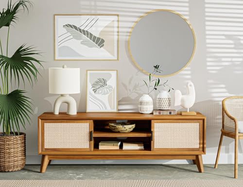 Image of Premium Solid Wood, 10 Minutes Assembly (Legs Only), Aesthetic Rattan Doors, Mid Century Entertainment Center for Living Room, TV Stand for 65 inch TV, Dark Chocolate (Honey Colour)