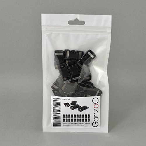 Ganzoo Steckschnalle Klickverschluss 20 Stück aus Kunststoff, 3/8 Zoll, 10mm Gurtbreite, schwarz, Außenmaß 30 x 15 mm, Steckverschluss für Paracord 550 Armbänder, Taschen, Rucksack Reparatur, DIY