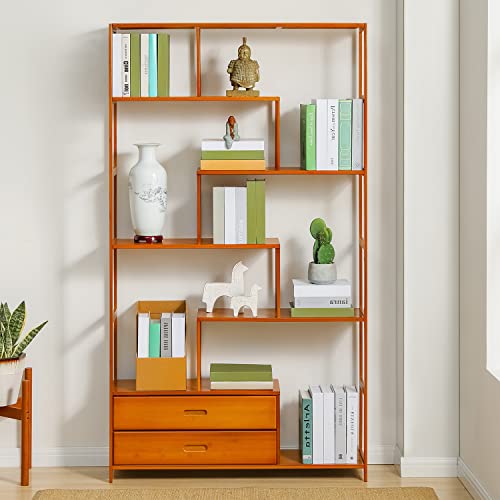 Monibloom 6 Tier Bookcase With 2 Drawers, Vintage Bamboo Freestanding Display Staggered Shelf Storage Organizer For Bedroom Living Room Office Décor, Brown #TOP6