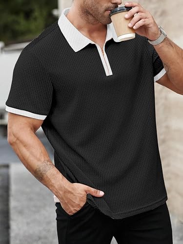 Image of KAJARU Men's Waffle Knit Polo T-Shirt, Short Sleeve, Zip Collar with White Trim (POLO-8034)