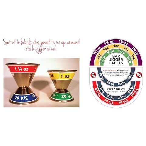 Bar Jigger Labels, Set of 6, Color-Coded, Fl. Oz. Sizes for Pouring Cover