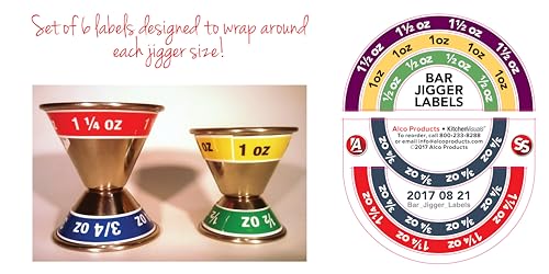 Bar Jigger Labels, Set of 6, Color-Coded, Fl. Oz. Sizes for Pouring