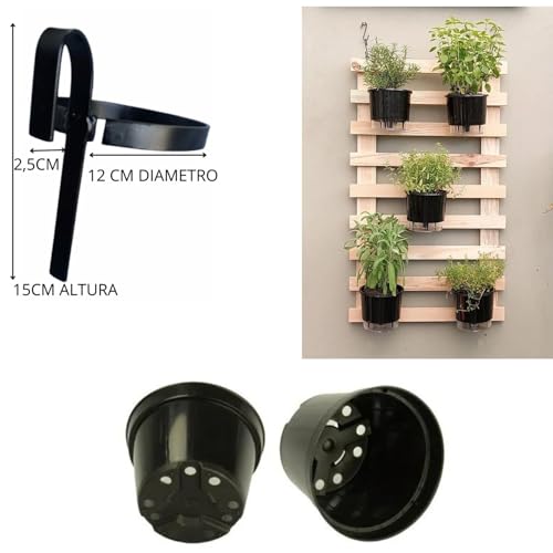 Jogo de 6 Vasos com 6 Suportes em Ferro para Jardim Vertical, Diâmetro 12cm