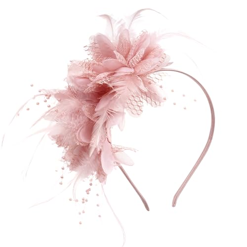 Womens Fascinators Hats Tea Party Hats for Women, Feather Pearl Veil Headband for Wedding Cocktail Dresses Accessories
