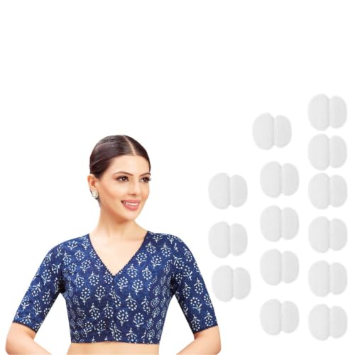Image of Studio Shringaar Women's Indigo Blue Cotton Block Printed V Neck Saree Blouse with Underarm Sweat Pads (Pack of 14 Pads)