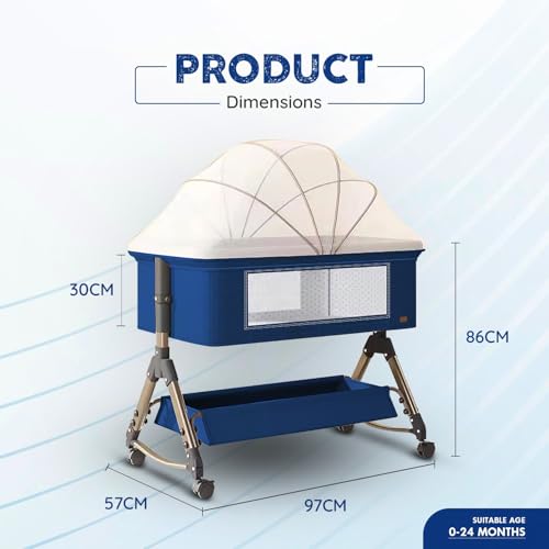 Image of Baby Comfortable 6-in-1 Baby Cot, Crib, Bedside Bassinet, Adjustable Height, Mosquito Net, Storage Basket, Wheels, and Mattress | Easy Folding, Unique Design-Blue | Breathable Cloth