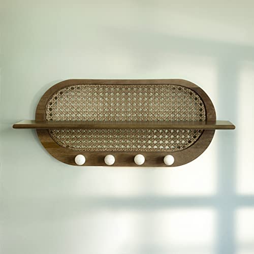 Image of Ellementry Lusha Wooden Cane Wall Shelf | Color: Grey Brown | Mango Wood | Furniture | Versatile | Decor | Handcrafted | Sustainable | Form and Function | Gifting |