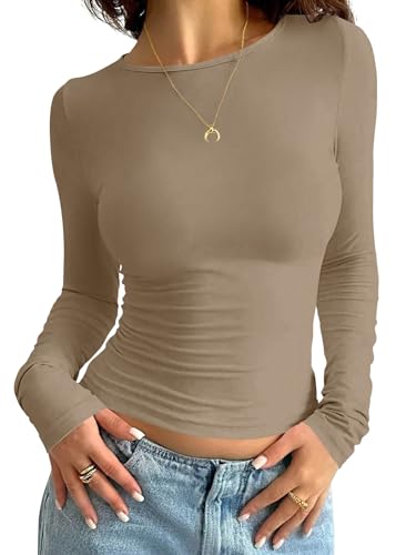 Minetom Sweatshirt Damen Langarmshirt Slim Fit Rundhals Langarm T-Shirt Y2K Tops Oberteile Einfarbig Basic Crop Top Casual Aesthetic Clothes Streetwear Sweatshirts Teenager Mädchen A Khaki S