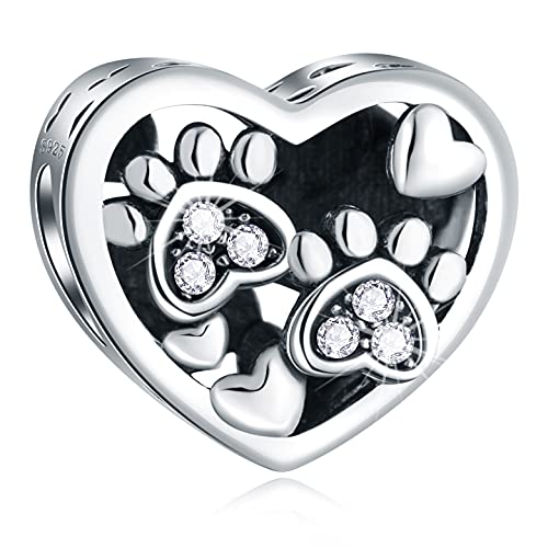 Puppy Dog Paw Print Charms with Brithstone Crystal, 925 Sterling Silver Pawprint Heart Bead, fits European Animal Bracelet Necklace, Gifts for Mom/Best Friend/Pet Lover