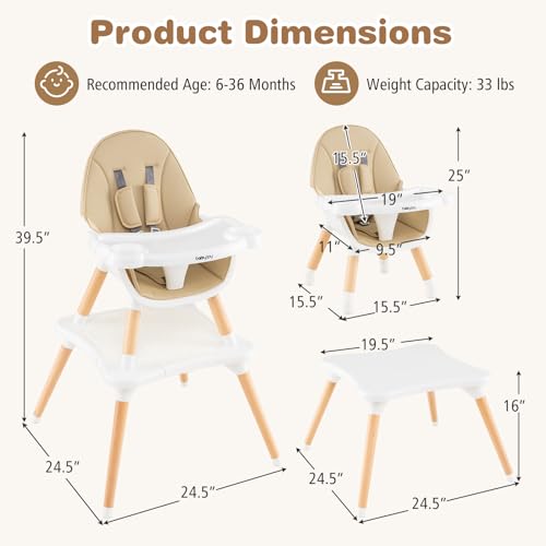 baby joy 6 in 1 high chair convertible high chairs for babies and toddlersbooster seattable and chair set infant wooden highchair w 5-point harness 4-position removable tray amp pu cushion khaki