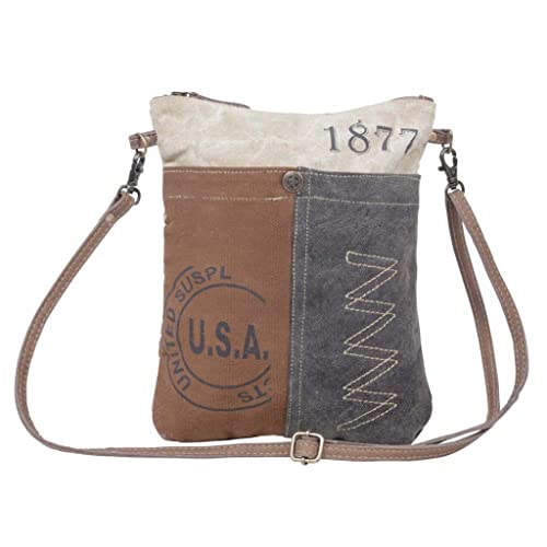 Myra Bag Fanatical Vintage Purse - Canvas and Leather Crossbody Bags for Women, Small Brown, Gray, and Ivory Patchwork Vintage Purses for Women with Star Button Embellishment, Over The Shoulder Purse