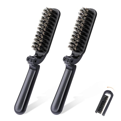 2Pcs Travel Hair Brush, Mini Folding Hair Brush Collapsable Boar Bristles Hair Comb Pocket Beard Brush Portable Hair Styling Tool for Women and Men