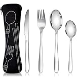 Acehome Cutlery Set with Portable Pouch Case, Stainless Steel Flatware Camping Utensil Set with Neoprene Bag for Outdoor Travel Picnic Office School Lunch Box (4 Pcs Black)