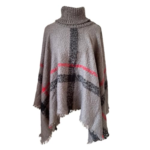 Women's Knit Plaid Warm Winter Classic Tassel Poncho Pullover Sweater