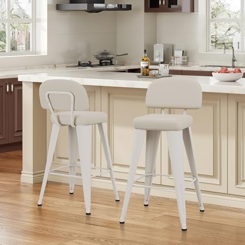 Image of Yongchuang 26 inch Bar Stools with Backs Set of 2 PU Leather Modern Counter Height Stools Upholstered Metal Kitchen Island Bar Chairs Grayish White
