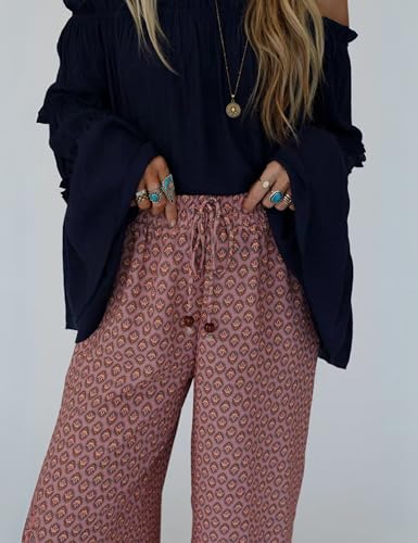 Womens Wide Leg Printed Pants with Stretch Drawstring Waist and Side Pockets Boho Lounge Casual Trousers3