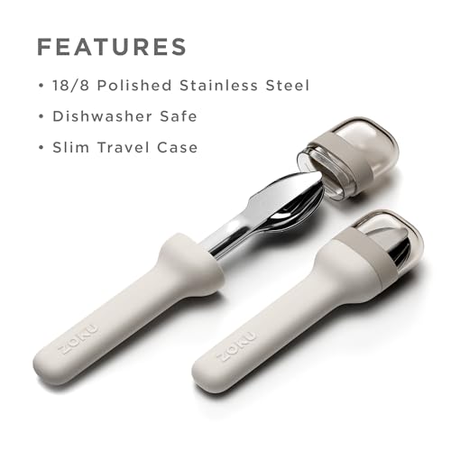 Image of ZOKU Pocket Utensil Set, Grey - Stainless Steel Fork, Knife, and Spoon Nest in Case - Portable Design for Travel, School, Work, Picnics, Camping and Outdoor Home Use