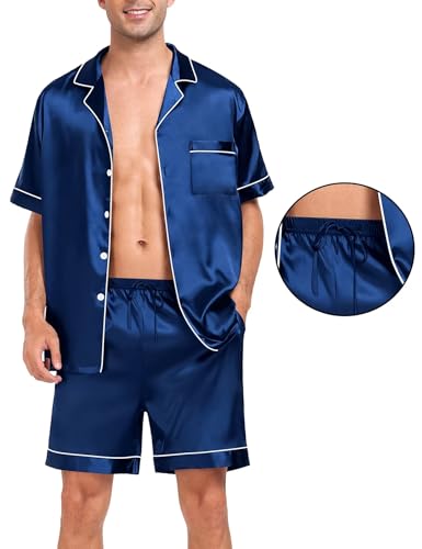Image of SWOMOG Men Silk Pajama Set Short Sleeve Satin PJs Sets 2 Piece Button Down Sleepwear Soft Summer Loungewear with Pockets