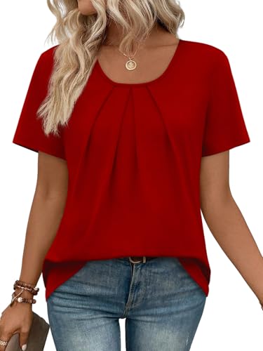Image of WIHOLL Women T Shirts Pleated Short Sleeve Tops Business Casual Dressy Blouses
