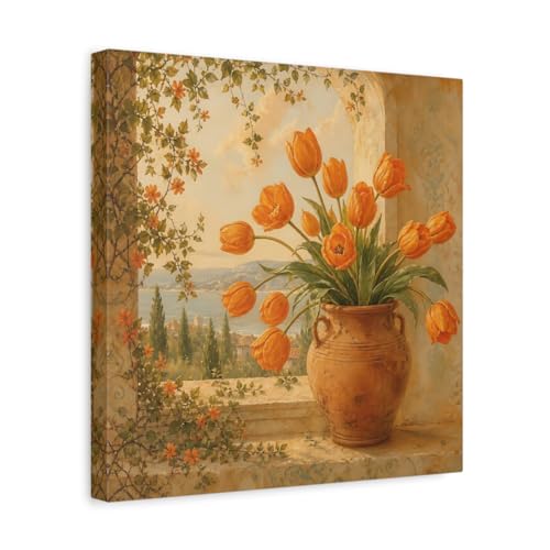 Tableau tulipes orange rétro pour salon chaleureux au-dessus de cheminée 35x35 cm
