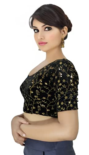 Image of PU Fashion Stylish Golden Embroidery Work Readymade Stretchable Velvet Blouse - Soft Breathable Fabric, Saree Blouse for Women