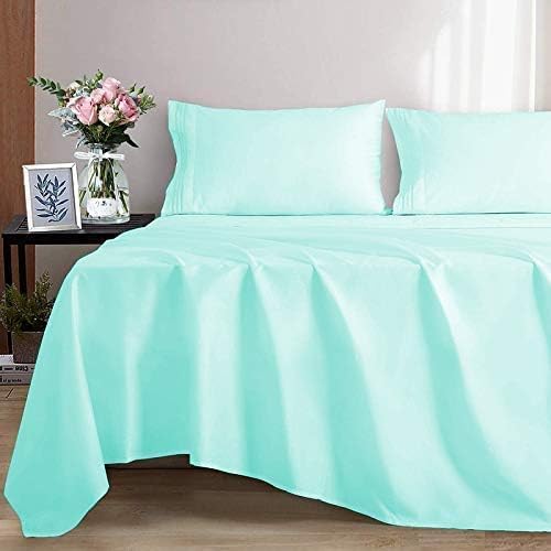 Hotel Premium 4-Piece Bed Sheet Set 100% Egyptian Cotton 400 TC Solid Pattern Deep Pocket 6–10 Inch Luxury Bedding Soft Breathable Sheets Bedding Set for Home Bedroom (Twin) Color-Aqua Blue