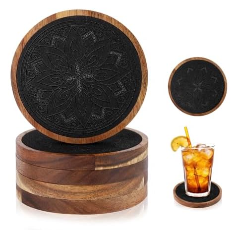 5pcs Wooden Coasters for Drinks - Black Cover