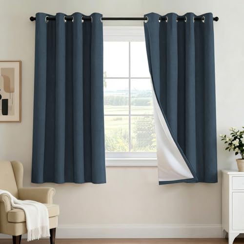 Image of H.VERSAILTEX 100% Blackout Curtains for Bedroom 63 Inches Long Grommet Linen Face Full Light Blocking Curtain Drapes for Living Room Thermal Linen Look Curtains 2 Panels Set, 52 inch W x 63 inch L, Navy