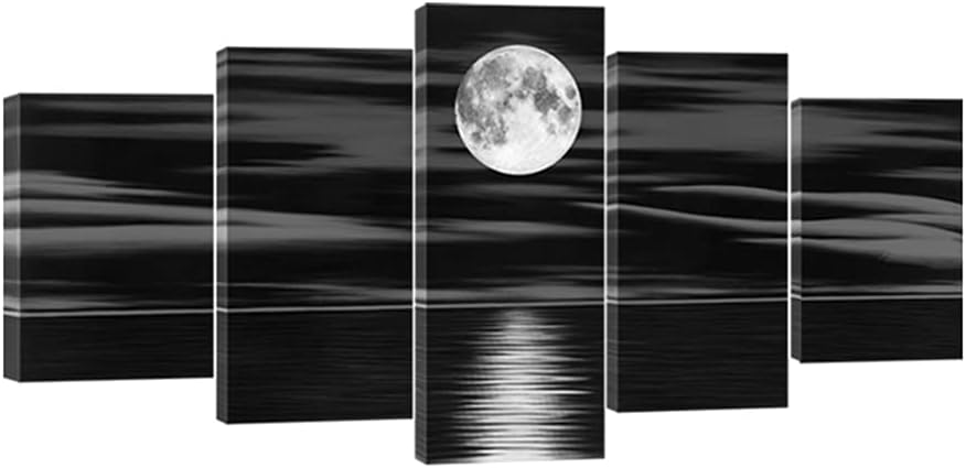 Wieco Art Sea White Full Moon in Night Canvas Print Wall Art Black and White Ocean Beach for Living Room Bedroom Kitchen Home Decorations 5 Piece Modern Abstract Artwork